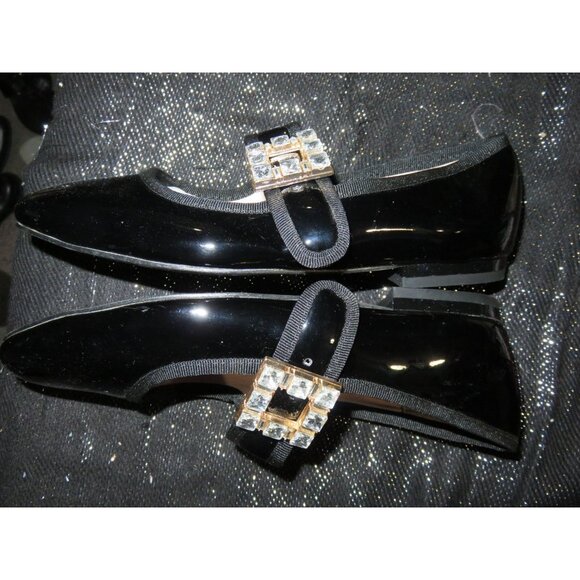 MARY JANE BLACK PATENT RHINESTONE EMBELLISHED BUCKLE LOLITA LOAFERS FLATS SZ 7 - Picture 5 of 10